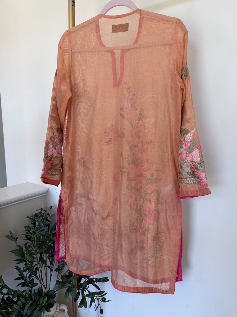 Embroidered Peach & Pink Floral Tunic Kurta - Picture 3 of 5